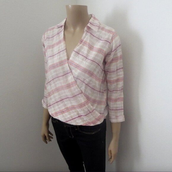 Hollister Womens Plaid Checkered Wrap Front Top Size XS 3/4 Sleeves - Picture 2 of 5